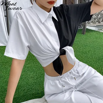 Las mujeres Fashion Casual camisetas Sueltas el Botón de la Camisa de Arco de Manga Corta Slim Mujer Corto Tejido de Punto Camisetas Harajuku Tops de Verano de 2020