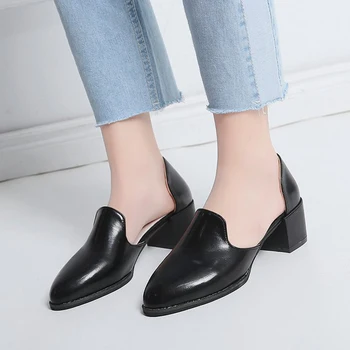 2019 Primavera/Otoño de las Mujeres Zapatos de Cuero de las Bombas de Tacón Alto Zapatos Casuales de la Moda de Punta del Slip-on Superficial Zapatos de Mujer de Tamaño Más 35-43