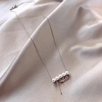 La moda de las Mujeres S925 Collar de Plata de Amor de la Perla Colgante Collar de la Cadena de Clavícula Joyería Exquisita Señoras Suéter Cadena