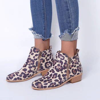HIBISMIX 2019 Primavera Otoño de la Vendimia de las Mujeres Botas de Cremallera Leopard Med Tacón botines para Mujer de la Plaza Tacones Chelsea de Arranque Zapatos 1198