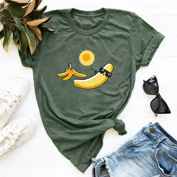 Más el Tamaño de de Algodón de las Mujeres T-shirts S-5XL Plátano de Vacaciones Impreso Europea Camiseta de Manga Corta O-Cuello de la Hembra Superior Tees