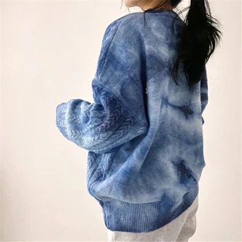 Nomikuma las Mujeres Tie Dye Suéter Causal de Manga Larga del O-cuello de Extracción Femme 2020 Otoño Invierno Trenzado tejido Jersey Tops 6D580