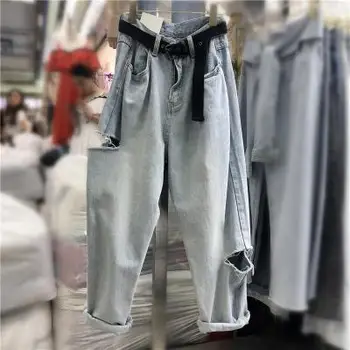Suelta Vintage De Mujer Jeans 2020 Otoño Blanqueada Casual Novio Agujero Del Dril De Algodón De Ancho De La Pierna De Los Pantalones Oversize Alta De La Cintura De La Mujer De Jean