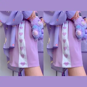 Kawaii Niñas Púrpura Cortos De Verano De 2020 Corazón De Amor Impresión De Patchwork Corto Harajuku Elástica De Alta Cintura Con Cordón Pantalones Cortos De La Mujer