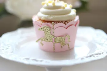 Cusom color Carrusel de caballos de cumpleaños cupcake wrappers de la boda nupcial de la ducha de bebé parte de la torta de los titulares de los contenedores
