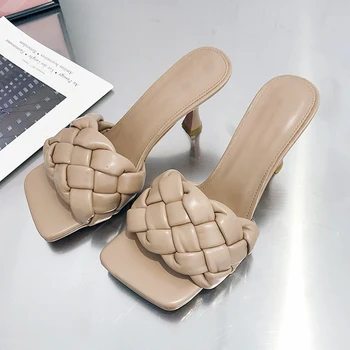 Mujer Sandalias de Tacones 2021 Verano Casual Zapatos Sexy zapatos de Tacón Alto de la Armadura de pies Cuadrados Zapatillas de Damas Sexy de Cuero de la Sandalia de Playa de Diapositivas
