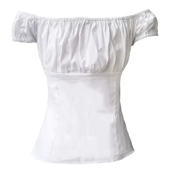 De verano de Algodón Blanco Blusa Vintage de la década de 1950 Sólido Tapas de Barra Cuello Puff Manga Retro de los años 50 Camisas Slim Fit para Mujer de la Ropa