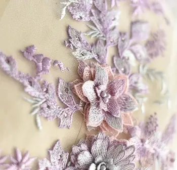 1 Pieza de 40*25 cm, Rosa, Púrpura Elegante 3D Bordado de Flor de la Perla con Cuentas Apliques de Encaje de Encaje Vestido de Telas de Material de BRICOLAJE Artesanal
