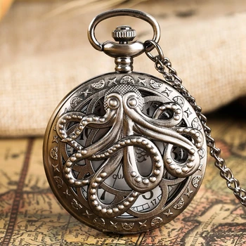 Pulpo en Forma de Hueco de la Cubierta de Cuarzo Pocket Watch Bronce Colgante de Collar de Reloj tienda de regalos Regalos para las Mujeres de los Hombres Relojes de bolsillo