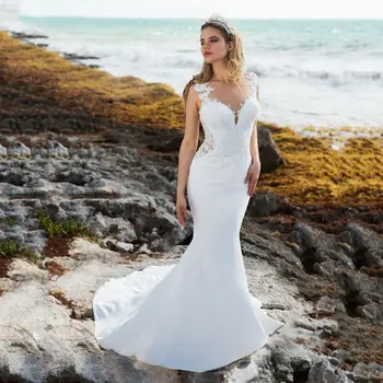 Boda en la playa Vestidos de Sirena O-Cuello Apliques de Encaje Vestido de Novia Boho Vestido de la Novia vestidos de novia estilo sirena