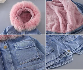 Bebé de las niñas chaquetas de invierno de corea 2-7 años de edad de los niños y engrosamiento de terciopelo chaqueta de mezclilla gran cuello de piel chaqueta boyscotton