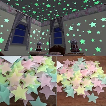 100pcs 3D Estrellas Brillan En la Oscuridad Luminosa Fluorescente de Plástico etiqueta de la Pared Decoración del Hogar Calcomanía de papel Tapiz Decorativo