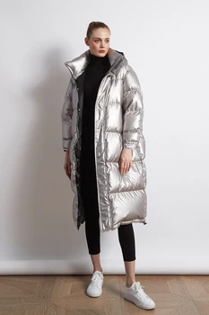 Invierno brillante brillante de plata gruesa caliente pato abajo abrigos mujeres Oversize parkas sobre la rodilla de largo con capucha Abajo chaquetas abrigo