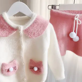 Humor Bear Otoño Invierno Suéter de las Niñas Nuevas coreano Conejo Oreja de Prendas de punto de Bolsillo de la Muñeca Collar Top+Falda de 2PCs de Ropa de Bebé en Conjunto