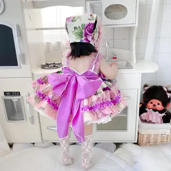 3PCS de las Niñas de Bebé de la Ropa Vintage español lolita Princesa Vestido de Bola de lazo de Encaje de Impresión Lindo Vestido para Niña de Cumpleaños de Pascua de Vestir Y3170