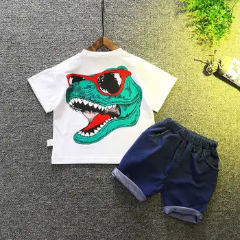 Los niños Traje de Dos piezas de Manga Corta de Cuello Redondo de dibujos animados de Dinosaurios de Impresión T-shirt de Color Sólido pantalones Cortos con Bolsillos
