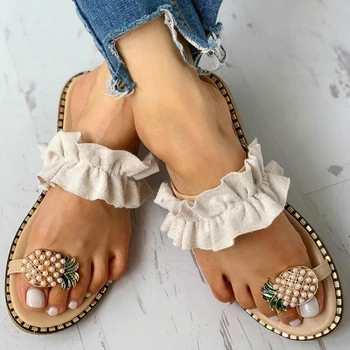 Mujeres Zapatillas De Piña Perla De Cabeza Plana Bohemio, Casual Zapatos Sandalias De Playa De Las Señoras Zapatos De Plataforma Sandalias De Mujer De Verano De 2020