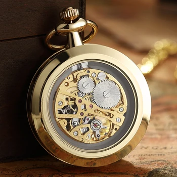 De lujo Antiguo Esqueleto Mecánico Reloj de Bolsillo Hombres Steampunk Mecánica Relojes de bolsillo Reloj Colgante de la Mano de cuerda Relogio De Bolso