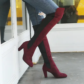 Botas De Invierno De Las Mujeres De Alta Del Muslo Botas De Moda Sexy, Más De La Rodilla Botas Negro Rojo Colores Mezclados Rebaño De Cuero Delgado Botas Zapatos De Mujer