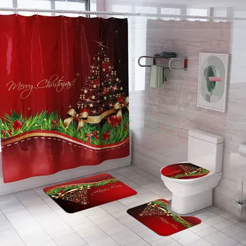 De Navidad de Santa Impresión de Aseo alfombra de Baño Y Cortina de baño de Cuatro piezas Conjunto de fiesta de Casa de la Manta de la Estera Anti del Resbalón Reutilizables Almohadillas antideslizantes