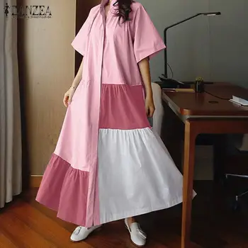 2021 Verano Patchwork Larga Camisa de Vestir de ZANZEA Elegante de la Oficina de Trabajo de la Colmena de Vestido de las Mujeres Casual de Manga Corta Vestidos Túnica Femenina