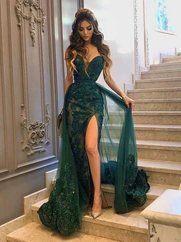 LORIE Verde Oscuro Sirena Vestidos de Noche del V-cuello de Encaje Apliques de Abalorios Formal Fiesta de Baile Concurso de Belleza Vestidos de Split
