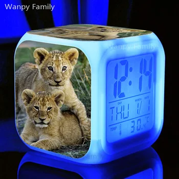 Muy Lindo leoncito Relojes de Alarma Para la Habitación de los Niños de Escritorio Multifunción, Cambio de Color del LED Digital reloj despertador