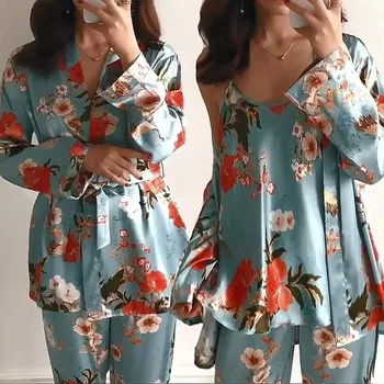 3PCS Mujeres Pijama Conjunto de la Dama de Emulación de Pijama de Seda Conjuntos de Flor de ropa de dormir de las Mujeres del Leopardo de Satén ropa de hogar Con Acolchado Extraíble
