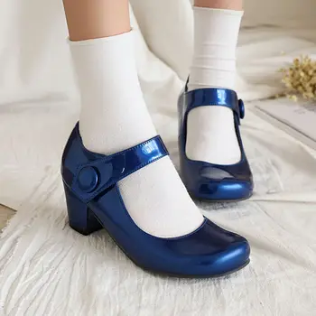 2020 Nuevo Azul De Zapatos De Tacón Alto De Los Zapatos De Las Mujeres De Las Bombas De La Moda De Patentes De Cuero Tacón Grueso Zapatos De Mujer De Gran Dedo Del Pie Redondo Mary Jane Shoes Mujer