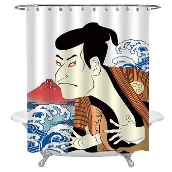 Kabuki Máscara de la Decoración de la Cortina de la Ducha para la Decoración del Hogar Moderno,el Ejecutante Retrato Estilizado Japonés Ondas Monte Fuji Ilustración