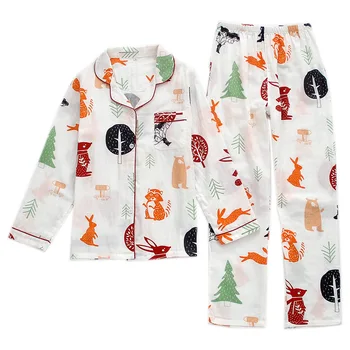 Otoño Ardilla Impresión de Pijamas de las Mujeres de Manga Larga Pijama de Doble Capa de Gasa de Algodón Pijamas en Casa 2 piezas de ropa de dormir el Sueño de los Tops