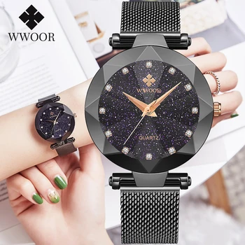 WWOOR Mejor Vender Cielo Estrellado Reloj de Mujer de la Marca Superior de Lujo del Diamante Negro, de Acero Inoxidable de Cuarzo Relojes de Pulsera de las Mujeres Montre Femme