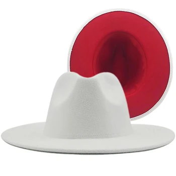 Nuevo Blanco Rojo de Retazos de Fieltro de Jazz Hat Cap Hombres Mujeres Plana Borde de Lana Mezcla de Fedora Sombreros de Panamá Sombrero Sombrero de época 56-58-60CM