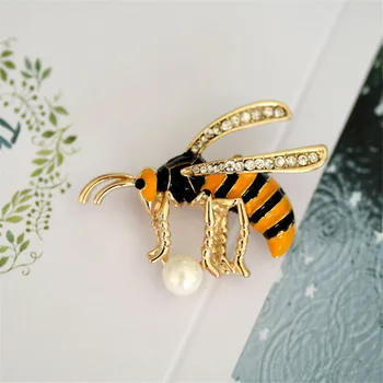 Joyme Amarillo Hermoso Esmalte de los Insectos de la Abeja Broche de Perlas de Oro del color de la Aleación de Metal Hornet Broches en el Hombro Bufanda Suéter Pines