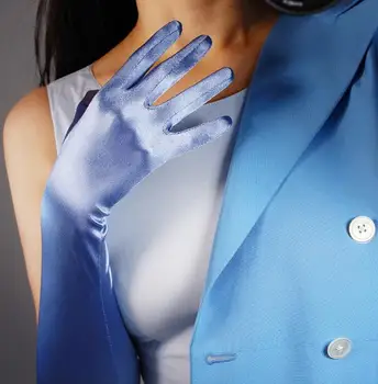 De las mujeres elegantes nacarada del lustre elástica de la luz larga de satén azul guantes de mujer sexy protector solar largos de conducción guante R1817
