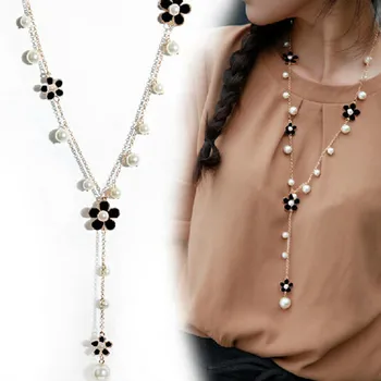 Romántico de la Flor de Largo Collar de Perlas para las Mujeres Simulado de la Borla de la Joyería de Perlas Collares & Colgantes de Bisutería Femme Perle