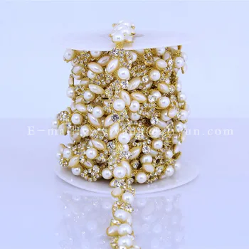 5yards Blanco de Perlas de Cristal de diamante de imitación de la Copa de la cadena de Decoración para el Vestido de Boda Motivo de diamante de imitación de Recorte de Ropa Apliques