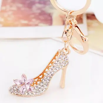 Nuevo de la Moda de diamantes de imitación de tacón alto zapatos de flor de llavero de cristal zapatos de la llave del coche de las cadenas de bolsa de las niñas colgante llavero