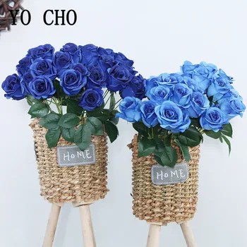 12 Cabezas de Flores Artificiales Ramo de Rosas de color Azul Real de Pequeñas Rosas Falso Ramo de Flores para la Fiesta de la Boda Decoración del Hogar, Flores de Seda