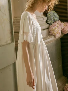 2019 Verano de Algodón Blanco Dulce de las Mujeres Camisones Suave Suelta de ropa de dormir Elegante de la Vendimia de la Princesa de Encaje de Noche Vestido de 19523