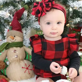 2019 Bebé de Navidad Ropa de Recién nacido de Niños del Bebé de la Muchacha de la Navidad a Cuadros de la Colmena de Tutu Mameluco Mono+Diadema 2Pcs Trajes de Navidad 0-24M