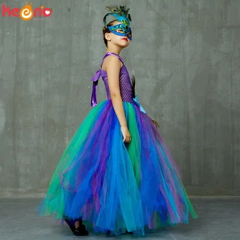 High-end Girls pavo real la Princesa Tutu Vestido con la Máscara de la Flor de Plumas Niña de Vestido de Bola de los Vestidos de Tul fiestas infantiles, Concurso de Disfraces