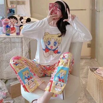 Seeslim Conjunto De Pijama De Las Mujeres Ropa De Dormir Pijamas Lindos Sailor Moon Impresión De Conjunto Completo De Ropa De Hogar De Algodón De Mujer De Manga Larga, Pantalones Largos Trajes