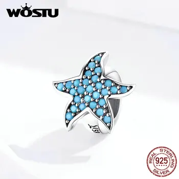 WOSTU de la Plata Esterlina 925 de la Estrella de mar de Silicona Tapón Espaciador Azul Circón Encantos Colgante Ajuste Original de la Pulsera de la Perla de la Joyería DXC1313