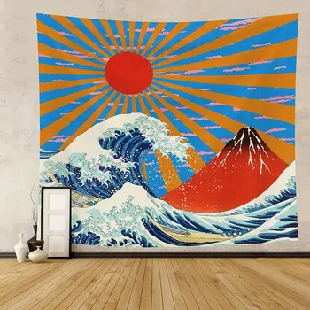 Puesta De Sol Ondas Japonés Tapiz Para Colgar En Pared Decoración Boho Sol, Montaña, Naturaleza, Paisaje Hippie Perro Dormitorio Mandala Alfombra De Pared Manta