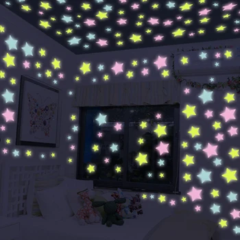 100pcs 3D Estrellas Brillan En la Oscuridad Luminosa Fluorescente de Plástico etiqueta de la Pared Decoración del Hogar Calcomanía de papel Tapiz Decorativo