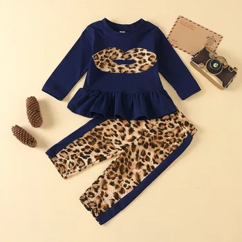 Los niños de las niñas de bebé de otoño de manga larga de patchwork leopard tops +pantalones largos niño de moda de ropa de niña ropa de conjuntos de 2pcs 6M-5Y