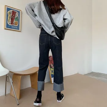 Jeans De Mujer Negra De Cintura Alta Pantalones De Mezclilla Vintage Lavado Elástico De La Mujer Coreana De La Moda Streetwear Novio De Prensado Slim