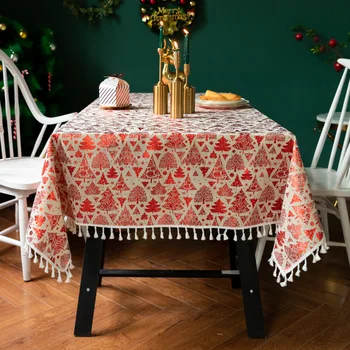 Europa estilo de la Ropa de Algodón Mantel Rojo del Árbol de Navidad de la Familia parte de la Decoración de la mesa de paño Blanco de la Borla Dobladillo de la Boda de la cubierta de la Mesa