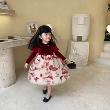 Otoño Nueva Llegada de corea del estilo de la princesa de la moda de manga larga vestido de fiesta con patrón de mariposa de lindos dulce de las niñas de bebé